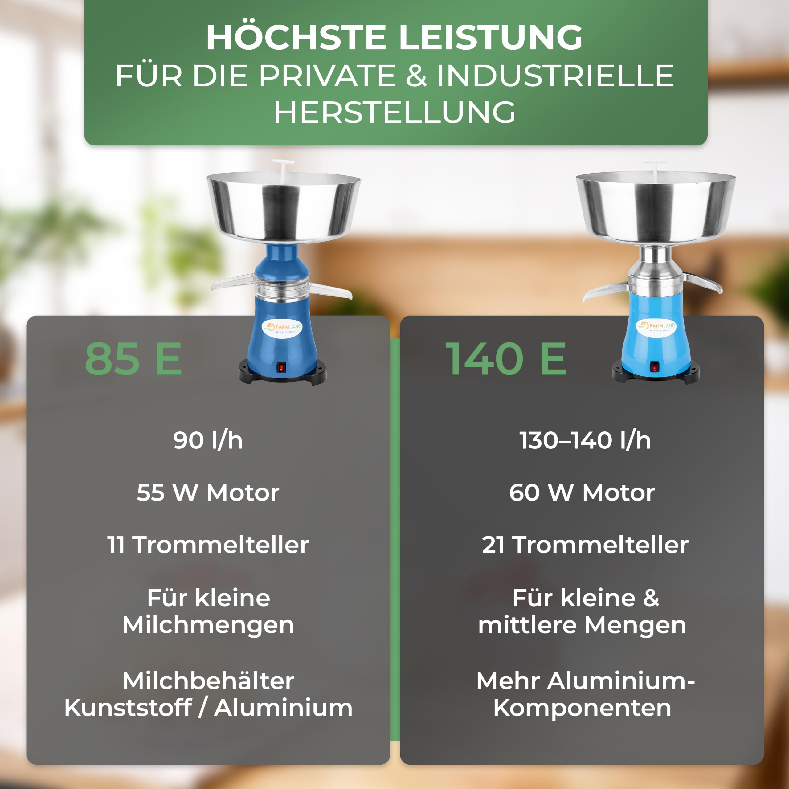 Farmland Milchzentrifuge elektrisch - Leistungsstarker Milchseparator für 90 l/h - Hochwertiger Milchabscheider - Zentrifuge Milch für Anfänger & Profis - Einstellbare Rahmmenge 7-10%