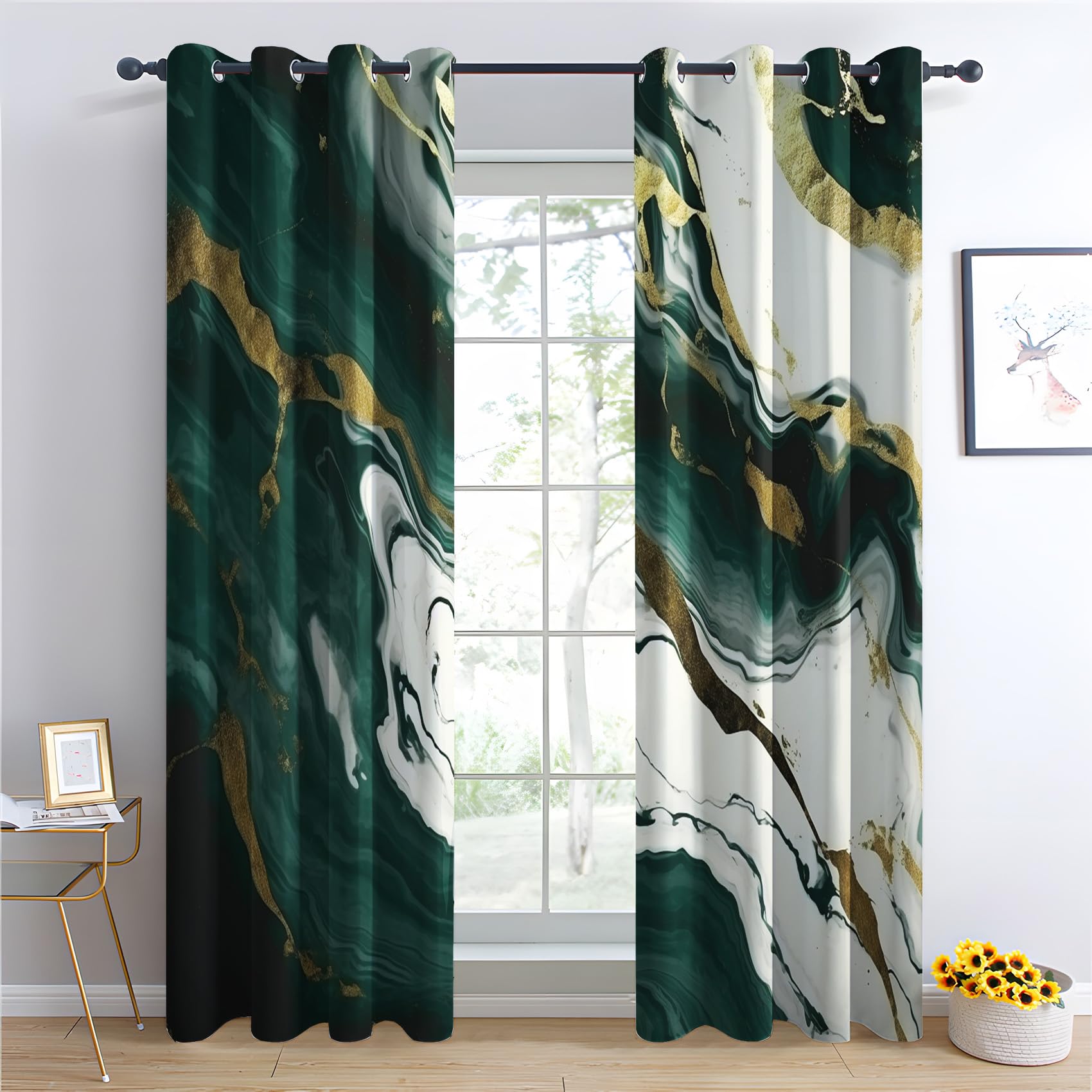QEODAH Marble Bedroom Curtains Blackout - Emerald Green and Gold Abstract Luxury Living Room Curtains 46x54 Eyelet - Soft Thermal Insulated Patterned Drapes for Windows - 2 Panels