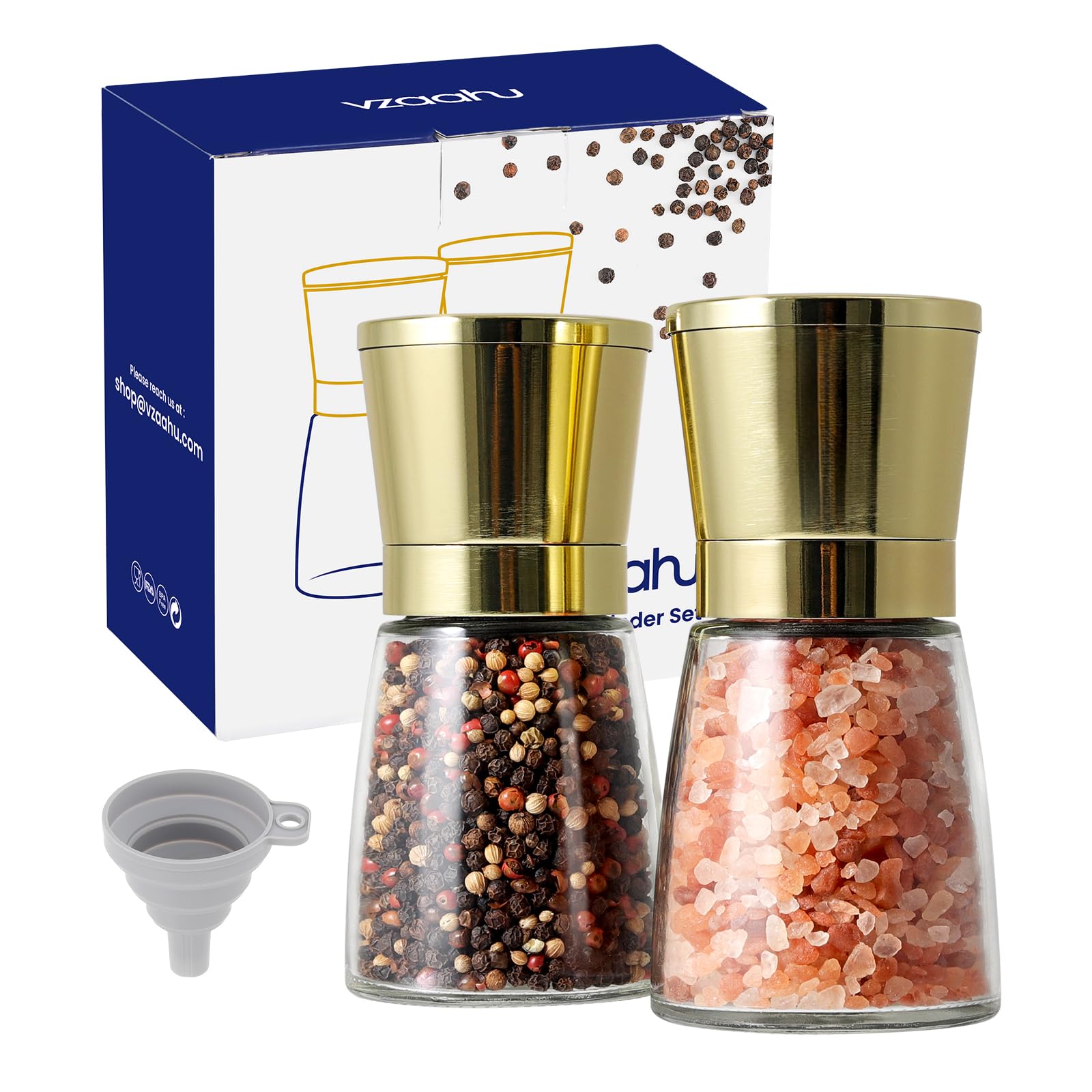 Vzaahu Macina Sale e Pepe 2 Set,con Nucleo di Ceramica Cannella,Ruvidità Regolabile,Colore Oro,per Casa Ristorante