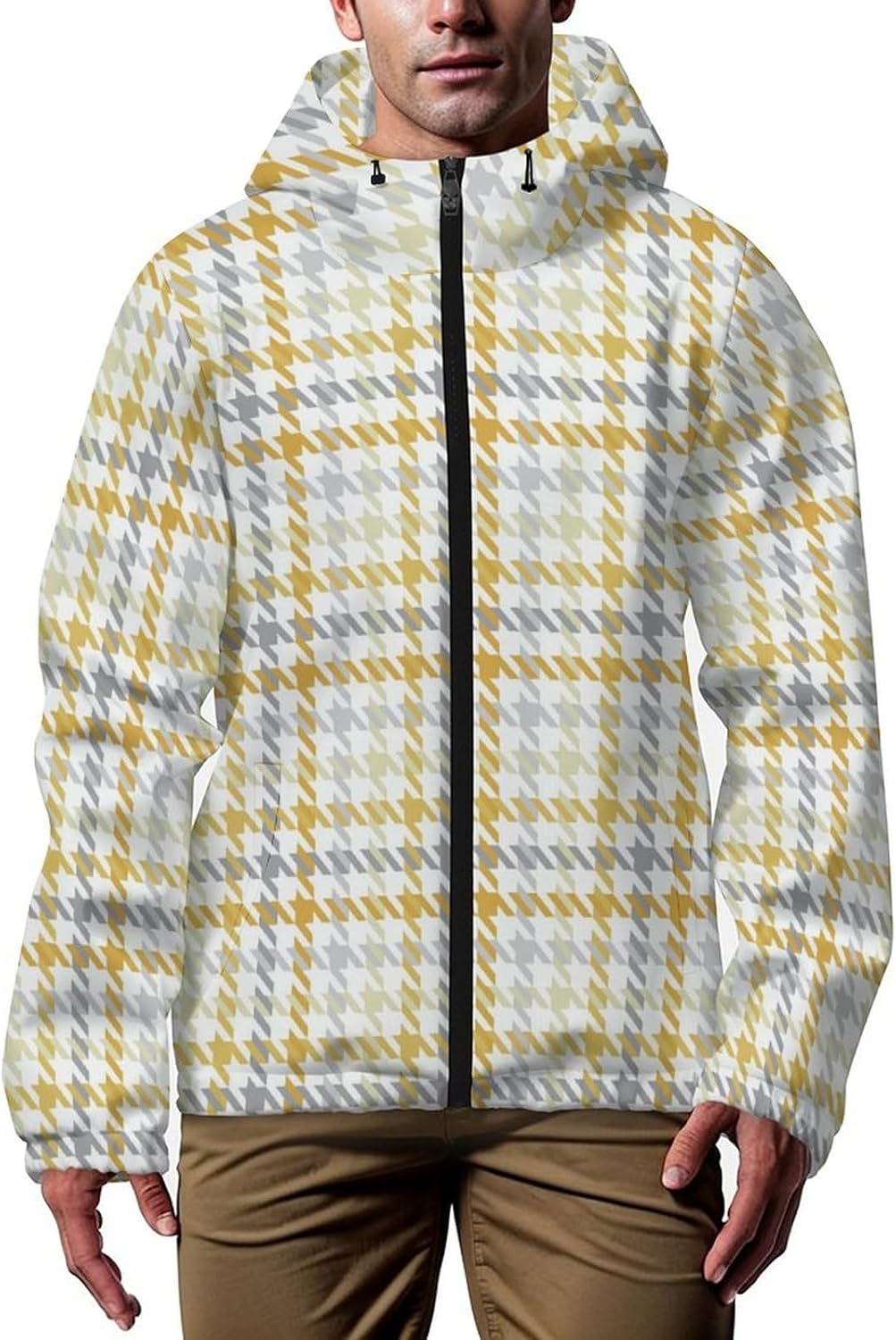 Houndstooth Colorful Men's Windbreaker Jacket Lightweight Hooded Windbreaker Coat with Pockets