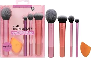 Real Techniques Everyday Essentials 5-Piece Makeup Brush Set with Sponge - Cruelty-Free Vegan Brushes for Foundation, Blush, Eyeshadow & More, Travel Gift