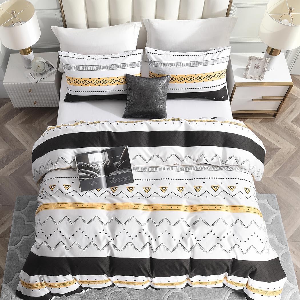 Tokokimo Duvet Cover Set Queen Size, 3 Pc Yellow Soft Boho Aztec Bohemian Bedding Duvet Cover Sets with Zipper Closure Corner Ties