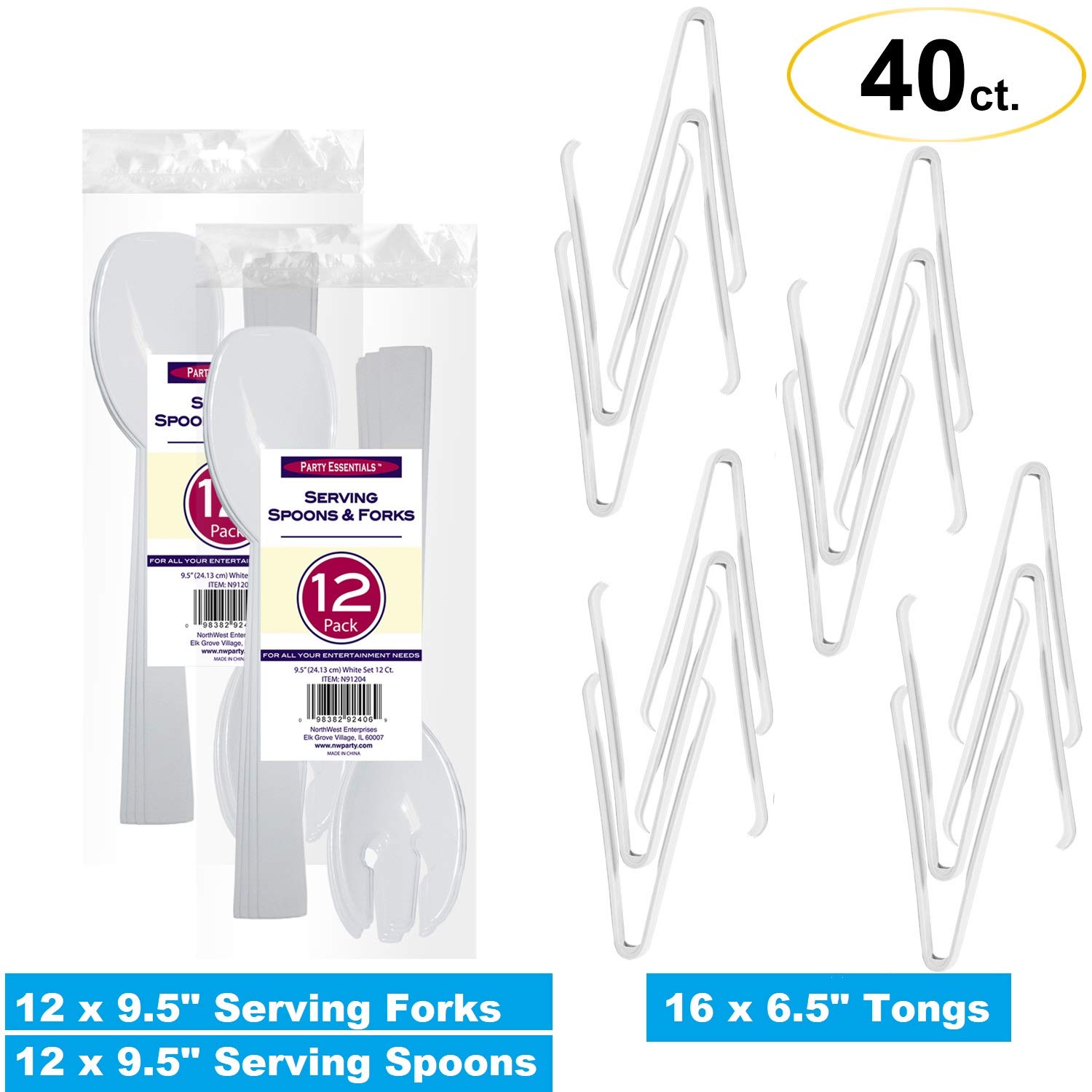 Party Essentials Juego de utensilios de servir de plástico duro, 40 piezas, color blanco