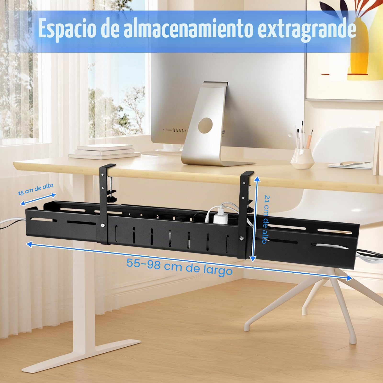 Organizador de Cables para Escritorio, Ajustable 64-98 cm - Soporte Metálico para Organizador Cables sin Taladro, Mantén tu Escritorio Ordenado