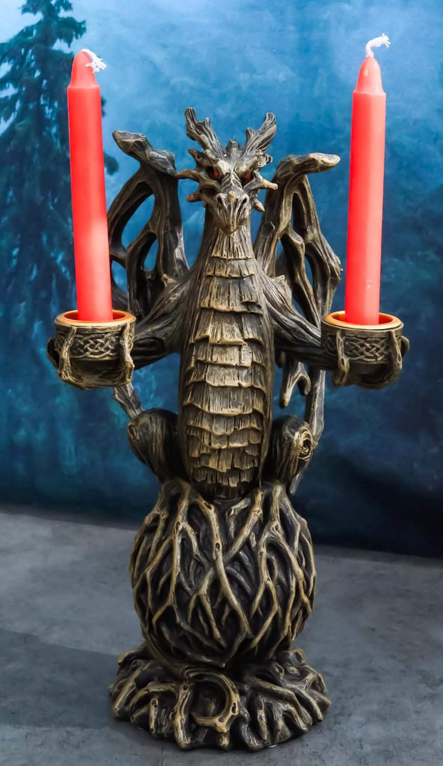 Ebros Gift Forest Tree Ent Greenman Dendritic Dragon Sitting On Branch Root Globe Double Candleholder Candles Holder Figurine Fantasy Prehistoric Drake Behemoth Dungeons and Dragons