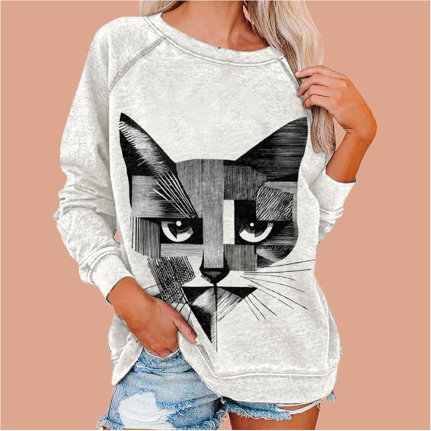 LOAIHA Women's Black Cat Sweatshirt Cute Cat Lover Graphic Pullover Funny Cat Sweaters Long Sleeve Cat Hoodie Loose Shirts