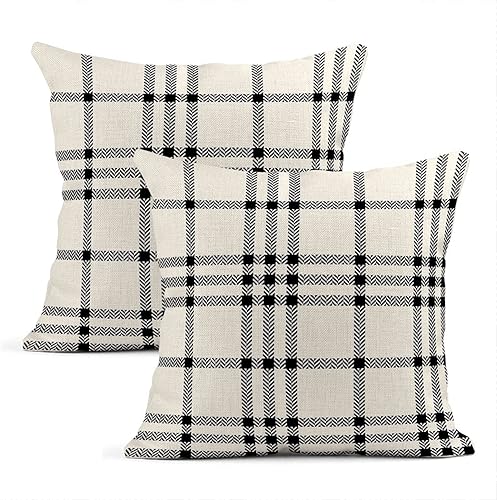 Juego de 2 fundas de almohada de lino natural a cuadros de tartán blanco y negro con diseño de espiga de tartán, fundas de cojín decorativas para el