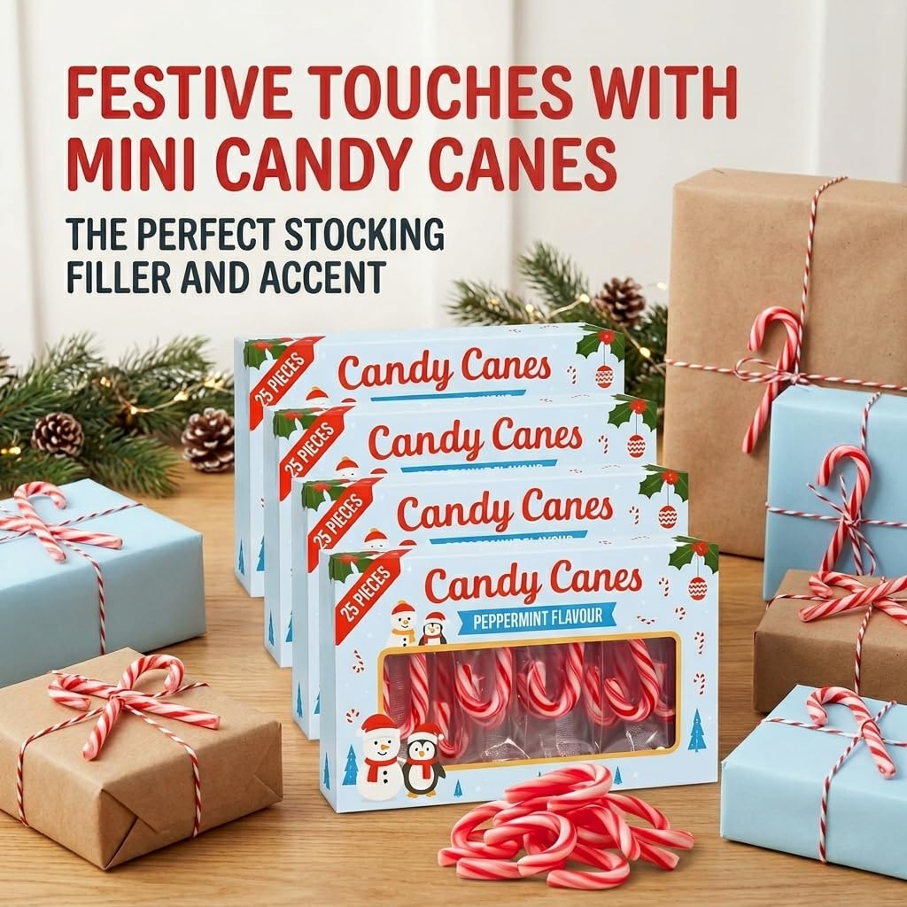 Zestaw 4 opakowań upominkowych na Boże Narodzenie z czerwono-białymi patyczkami cukrowymi Candy Canes o smaku truskawkowym, dekoracja bożonarodzeniowa, dekoracja choinkowa, 4 x 50 g, łącznie 40 sztuk