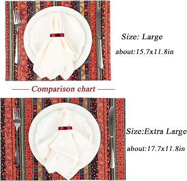 Bohemian Style Placemats Set of 6 Washable Table Mats Set 18x12 Inch Extra Large Cotton and Linen Material Placemats Red, ZYPM002