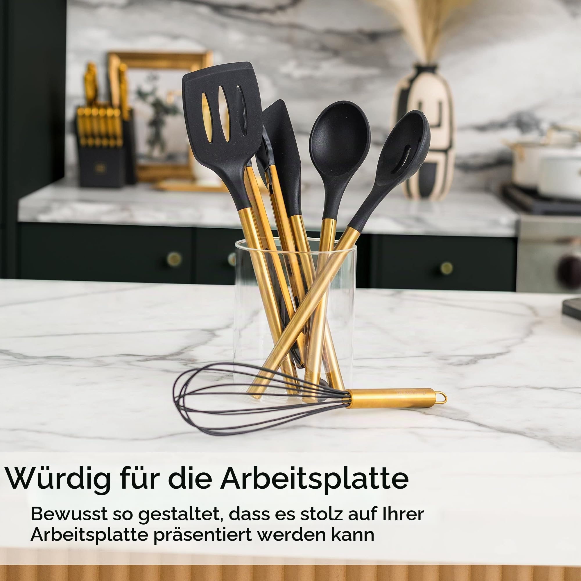 Schwarz-Goldenes Küchenutensilien-Set – 6-teiliges Silikon-Kochset mit Zange, Schneebesen, Löffel, Spatel und Wender – Stilvolle Küchenhelfer & Deko