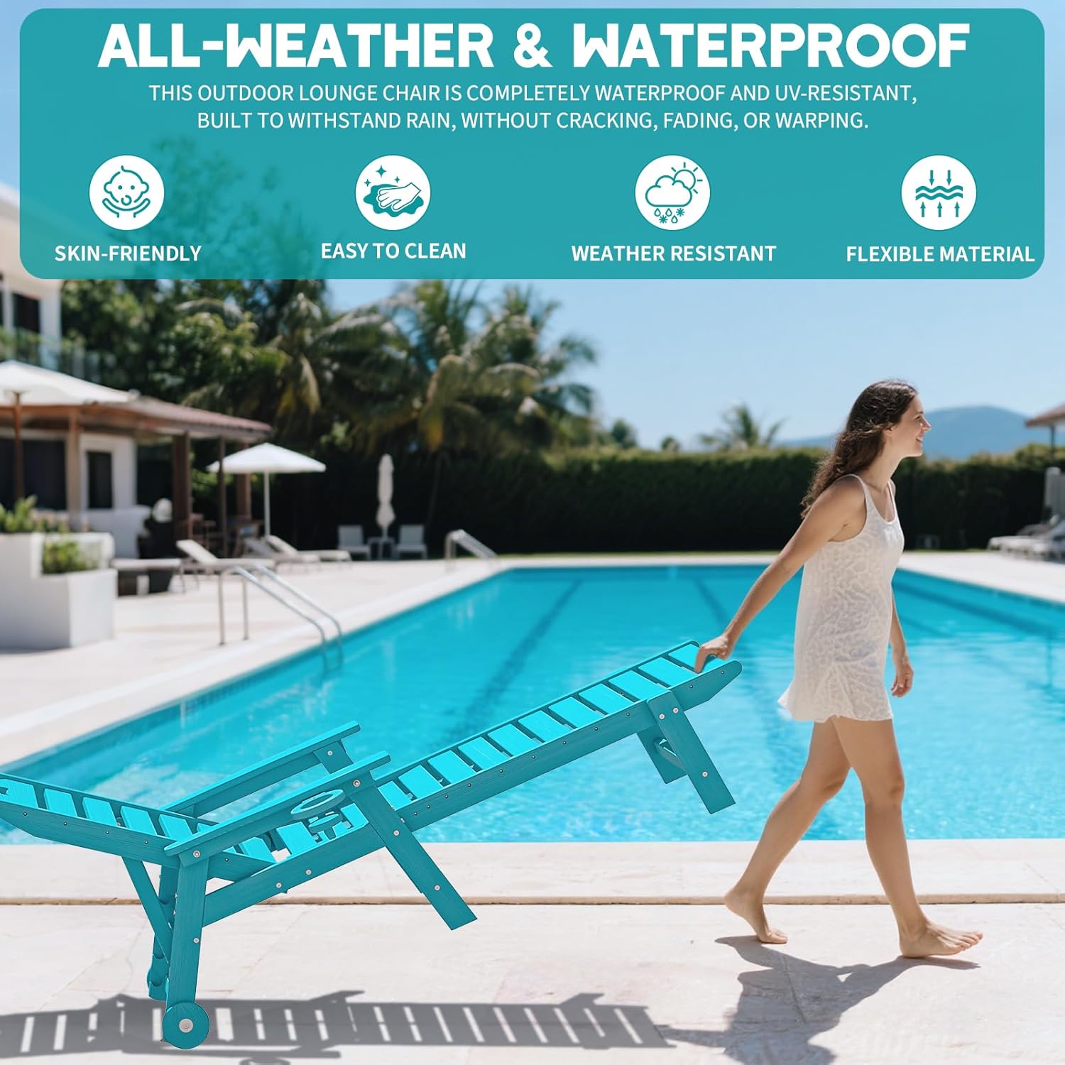 Plawdlik Oversized Patio Chaise Lounge Set of 2, 5 Positions Adjustable HDPE Outdoor Lounge Chair with Rolling Wheels & Cup Holder,All-Weather for Poolside, Beach, Garden - Aruba Blue