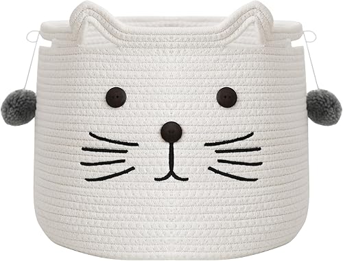 INough Cesta de juguetes para gatos, cesta de almacenamiento de cuerda de algodón tejida grande, cesta de lavandería con decoración de botones para