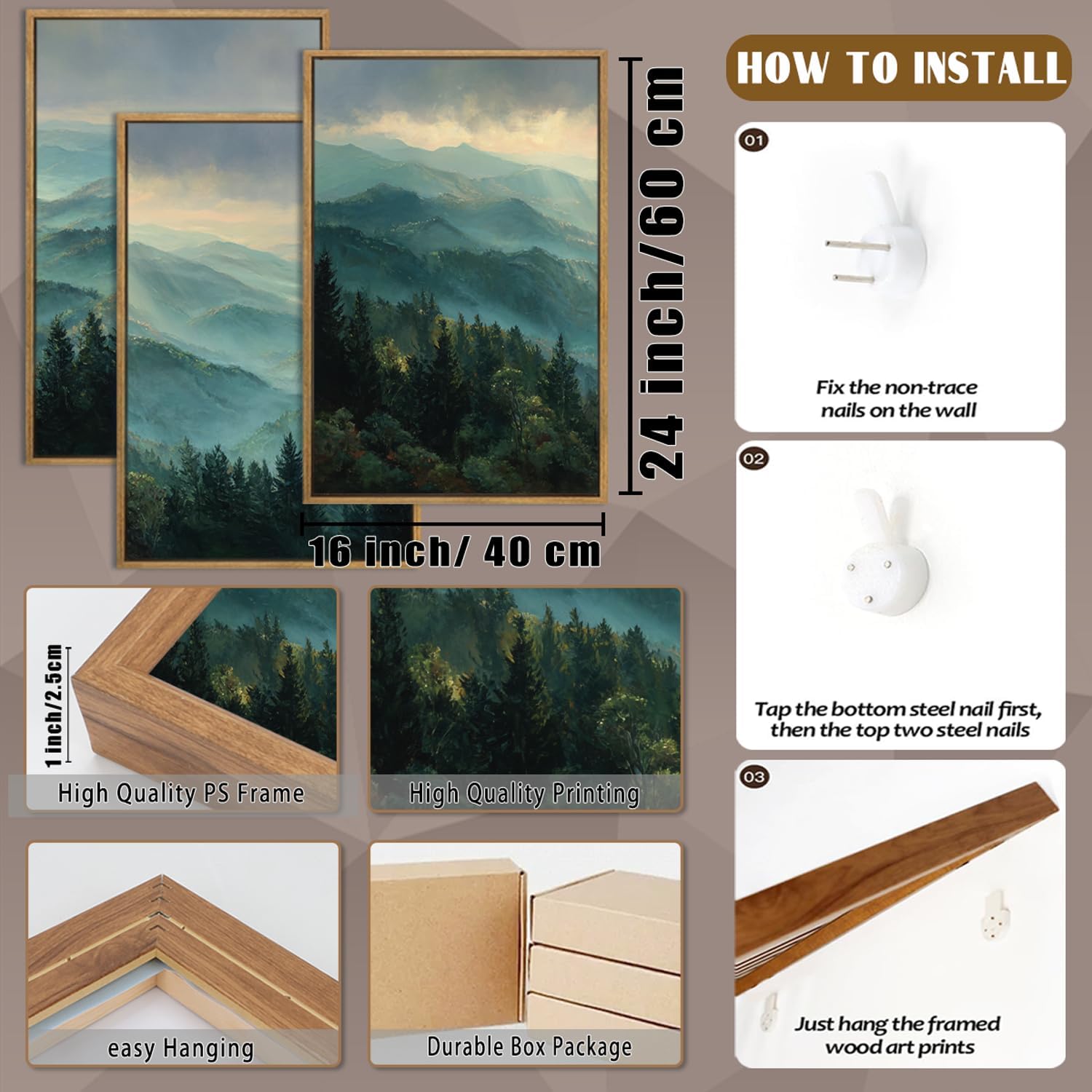 QTUSYUR Sage Green Mountain Wall Art - Large Farmed Pine Forest Landscape Art Print - Abstract Nature Adventure Artwork for Farmhouse Bedroom Living Room- Misty Mountains Triptych Decor 16”×24”×3