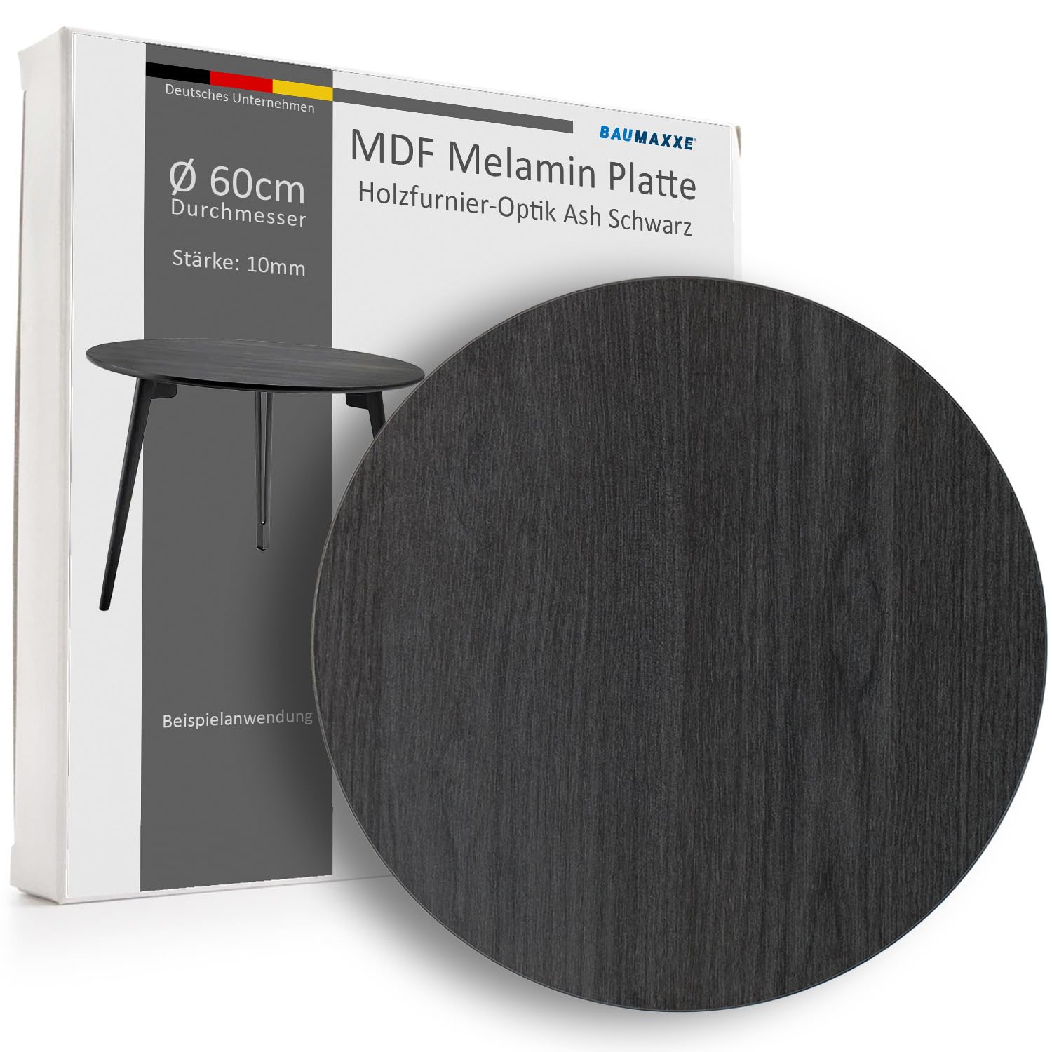 Tischplatte Rund 60 cm Holz I Stärke: 10 mm I schwarz Ash I MDF Platte Rund mit Melaminbeschichtung beidseitig I DIY-Projekte I bm335