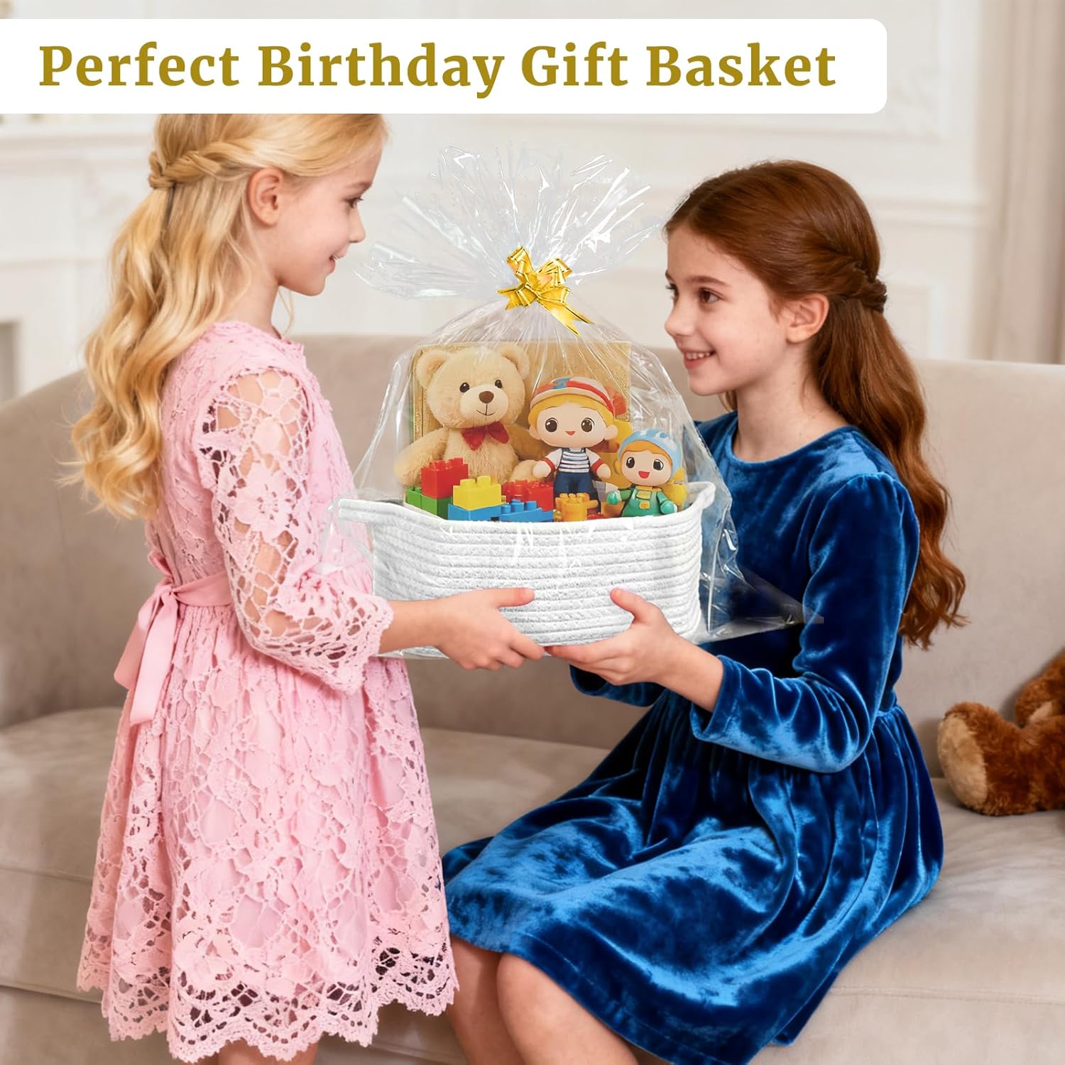 8 Pack Small Woven Baskets with Gift Bags & Ribbons & Cards, Cotton Rope Durable Storage with Handles 12"x8"x5" Empty Gift Baskets for Easter Birthday Baby Shower Organizer Decorative (White)