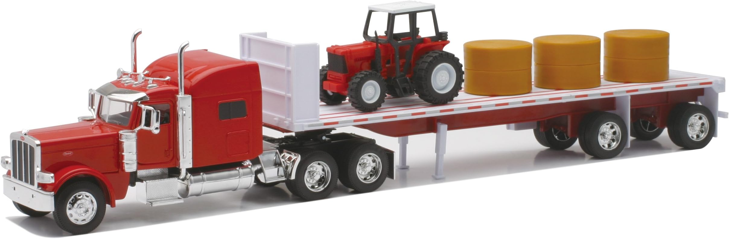 New-Ray Peterbilt 389 with Hay and Farm Tractor Playset 1/32 Scale Model Toy Vehicles, 10293A, Red
