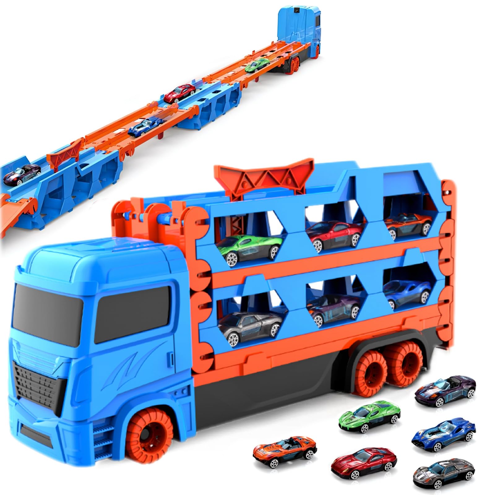 Youlebi Autotransporter Spielzeug, 165cm Faltbare Rennbahn Truck mit Cars Spielzeug ab 3 4 5 6 Jahre Junge