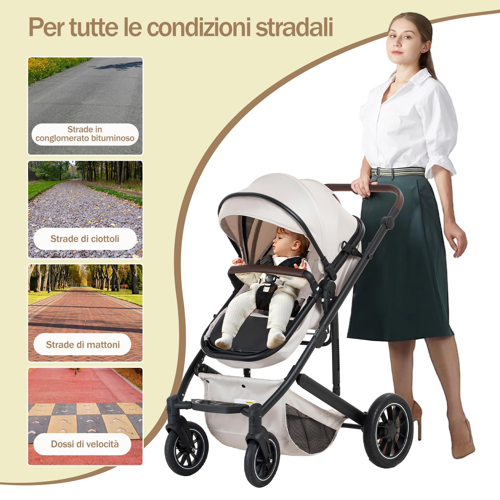 Passeggino Trio, Verde-Set Passeggino e Seggiolino Auto, passeggino fronte mamma da Viaggio con Manico Regolabile, Cestino&Cestino per Dormire con Copripiedi, Copripiedi rialzati,0-4,22KG