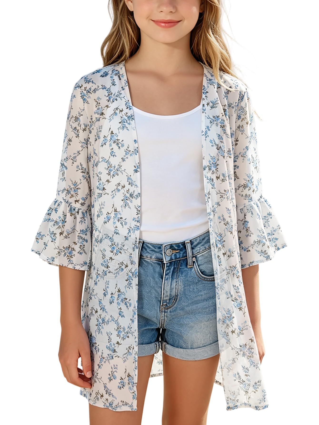 GORLYA Girls Floral Chiffon Kimono Beach Cover Up 4-14Y