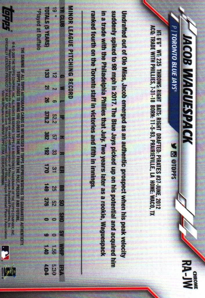 Jacob Waguespack Autographed Topps Chrome Rookie Card Collectible Baseball Card - 2020 Topps Chrome Rookie Baseball Card #RA-JW (Blue Jays) Free Shipping & Tracking