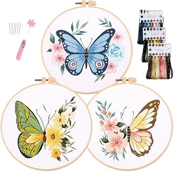 BAIHILIU 3 Pack Embroidery Kit for Beginners Adults, Cross Stitch Kits with Butterfly Patterns and Instructions, DIY Hand Crafts with Hoop Threads and Needles