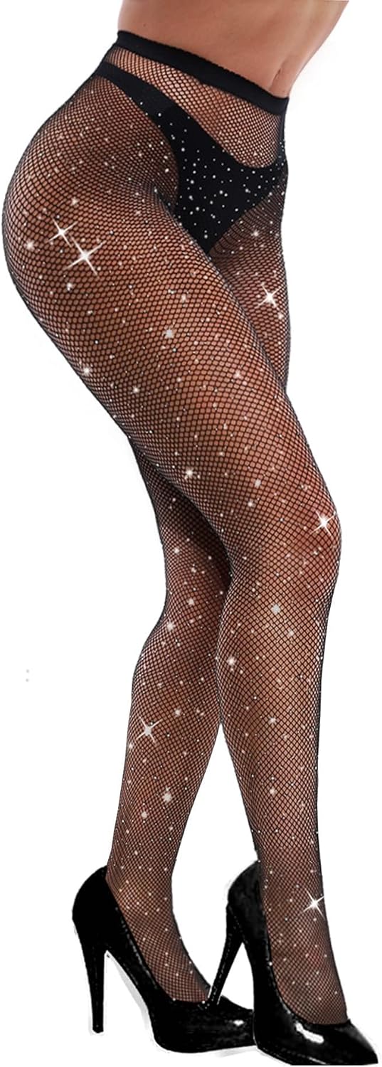 VEBZIN Sexy Sparkly Fishnets Stockings Jeweled High Waist Fishnet Tights for Women Rhinestone Party Pantyhose