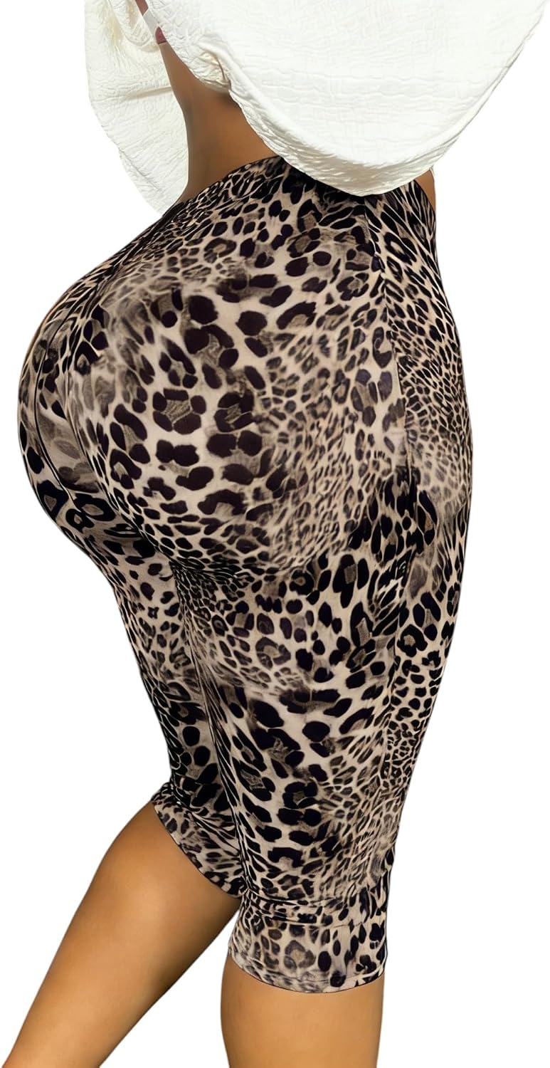 Women's Leopard Knee Length Capri Leggings High Waisted Yoga Pants Leggings Workout Exercise