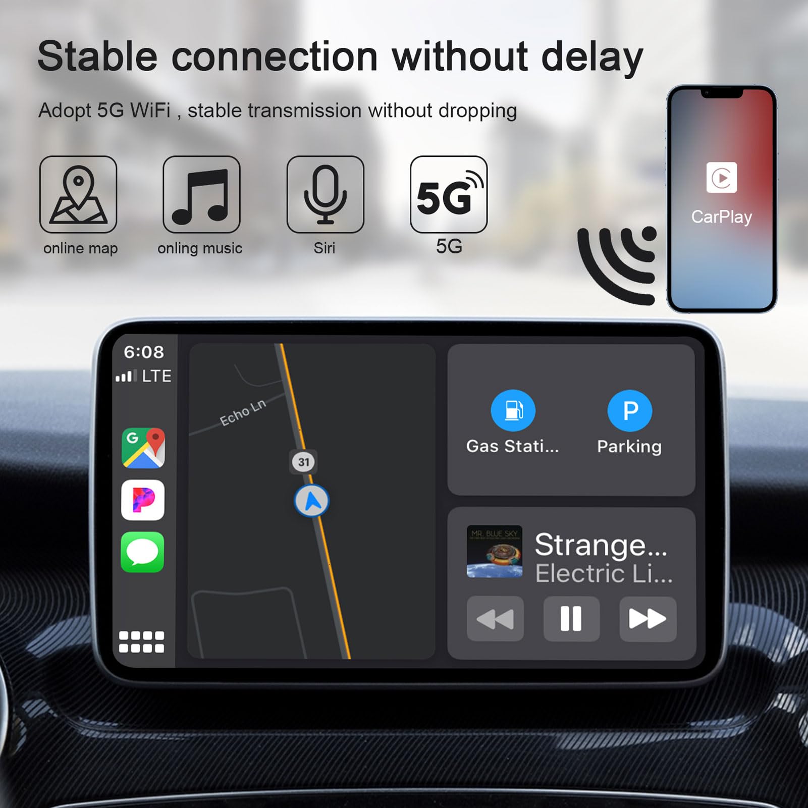 Naroote Adaptador Inalámbrico para Coche Dongle Inalámbrico Fácil de Usar para Coches Compatibles con de 2016 - Material ABS 1 Unidad (Black)