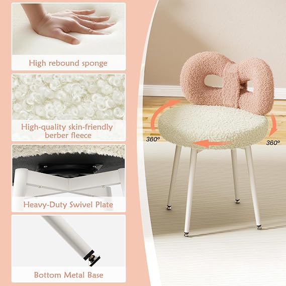 ROOMTEC Swivel Vanity Chair, No Wheels Makeup Pink Chair for Girl, Upholstered, Cute Bow Backrest for Bedroom and Living Room