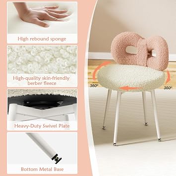 ROOMTEC Swivel Vanity Chair, No Wheels Makeup Pink Chair for Girl, Upholstered, Cute Bow Backrest for Bedroom and Living Room