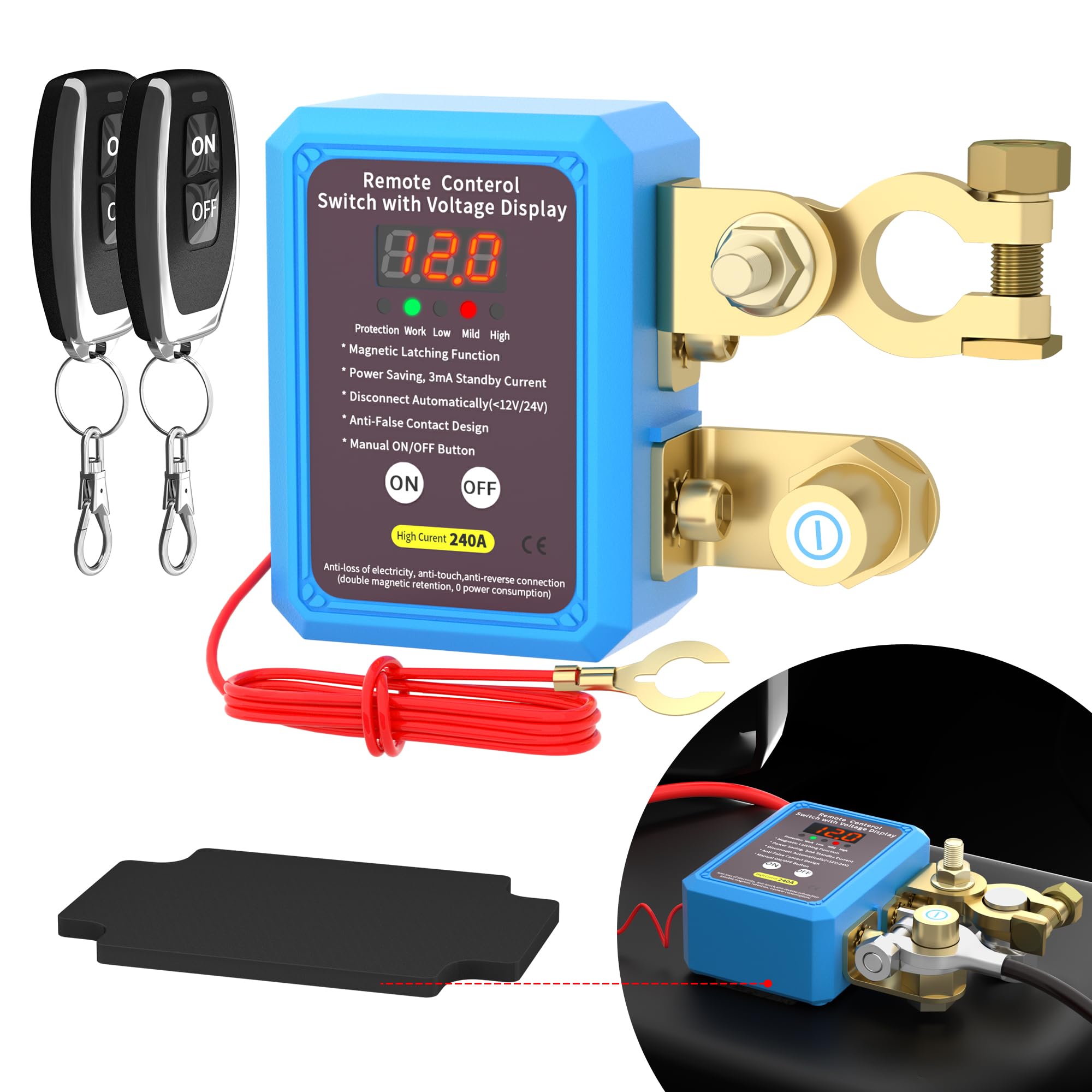 Joinfworld Interruttore isolatore batteria 240A 12 V telecomando con display di tensione a LED Interruttore di spegnimento automatico antifurto per auto camion barca