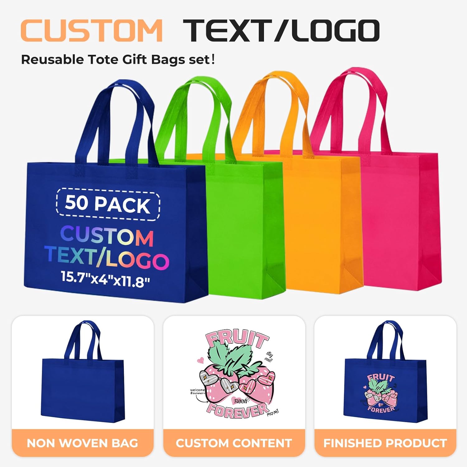 Custom Reusable Grocery Bags with Logo Promotional Item Totes Bags Set of 50,Personalized Bulk bag for Travel and Daily