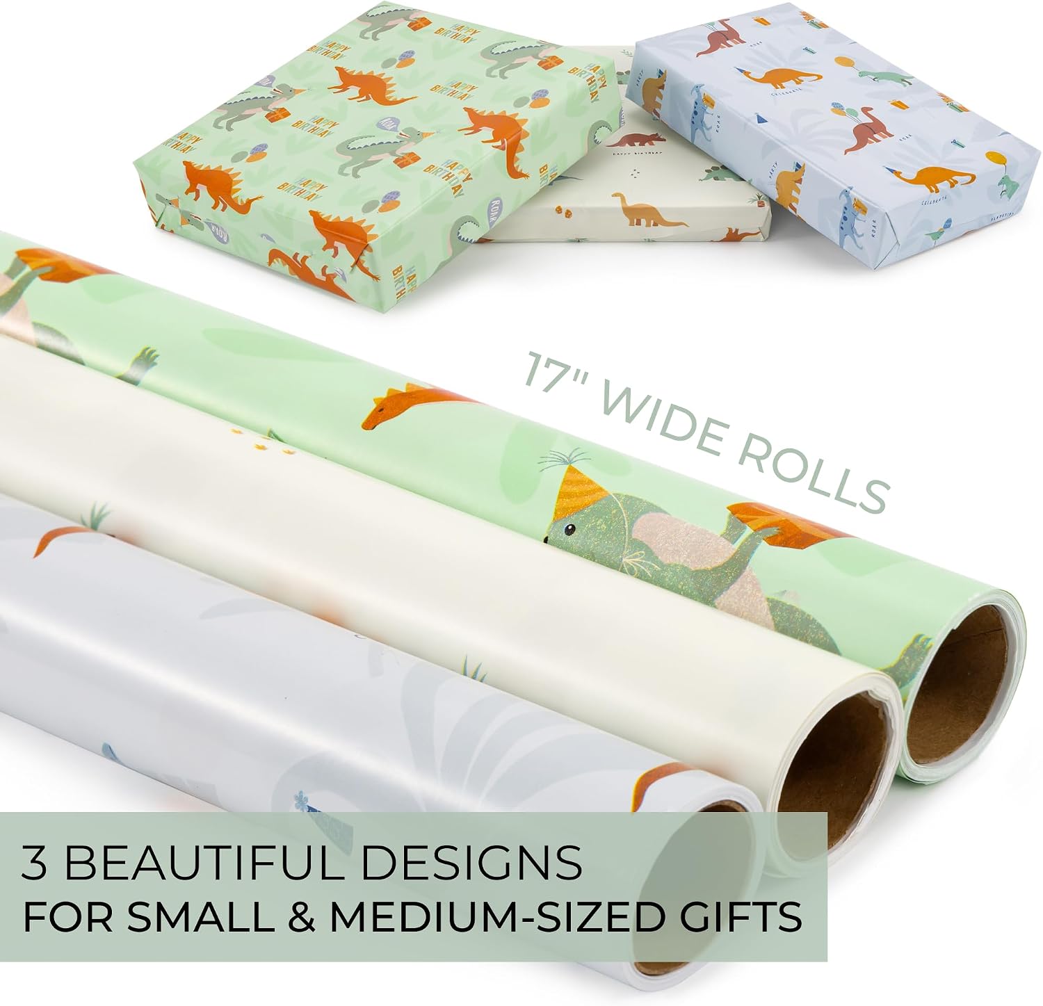 ZICOTO Beautiful Happy Birthday Wrapping Paper Roll Set for Boys - Cute Set of 3 Quality Rolls With Dinosaurs Design - Add a Touch of Magic to Every Kids & Baby Gift You Wrap - 17 x 120 in