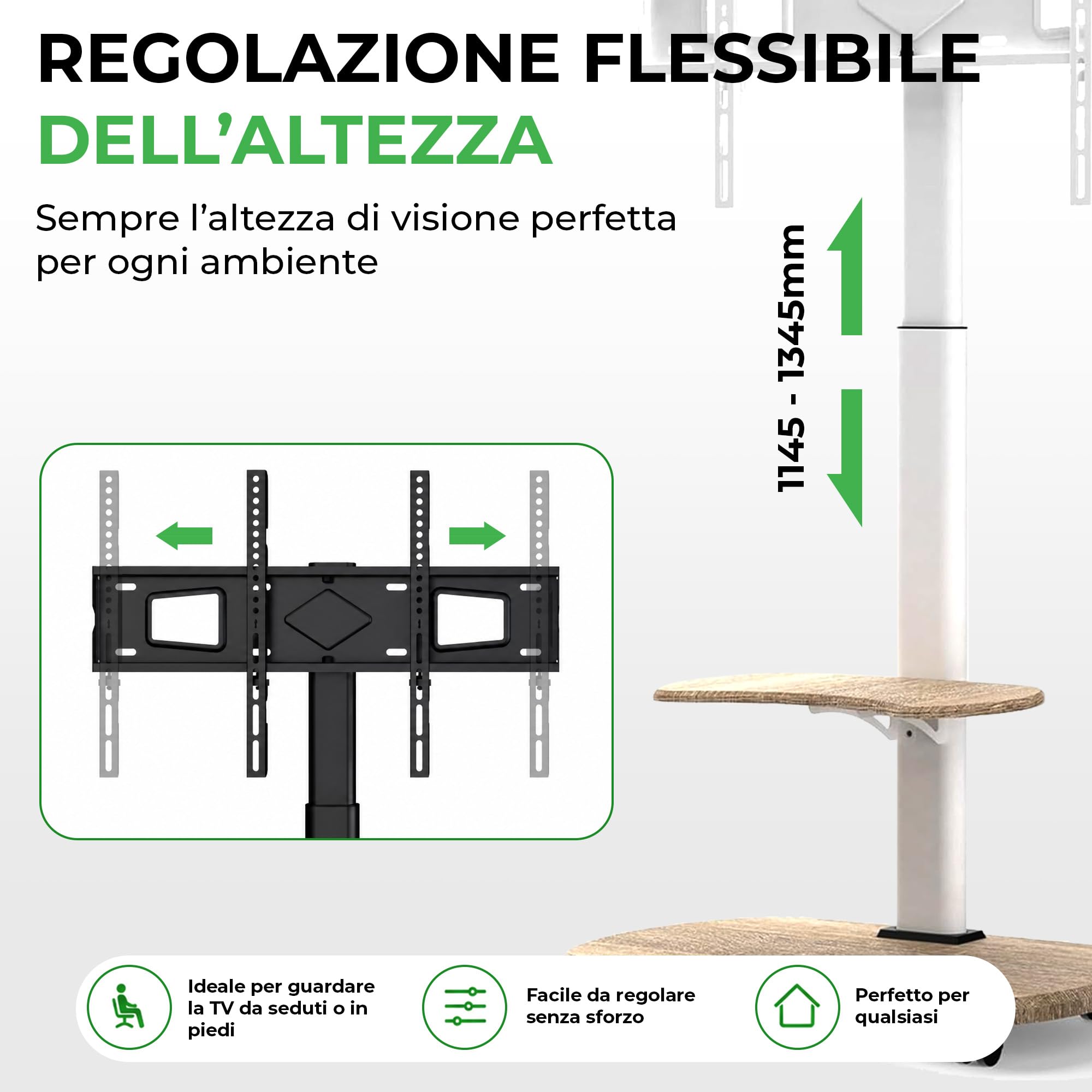 Stellar Supporto TV da pavimento con Ripiano in Legno, Carrello Tele con Ruote Regolabile in Altezza, Piedistallo Televisione 32-70 Pollici, 45 kg, Stand da Terra Universale, VESA 600x400