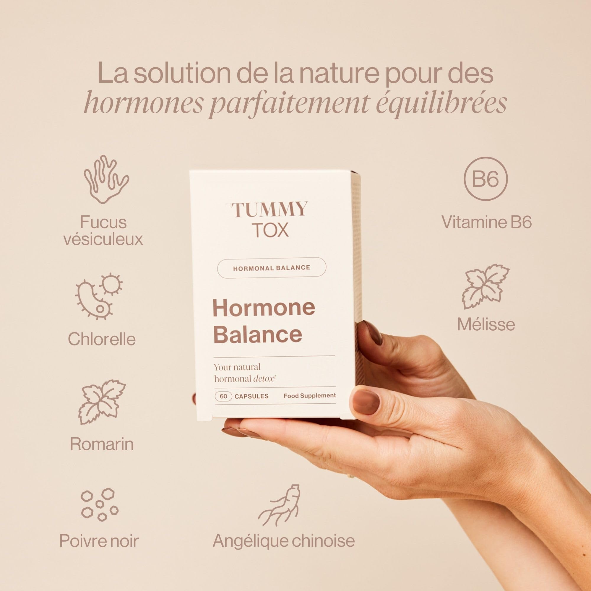 Tummy Tox Hormone Balance - Équilibre Hormonal Femme, 180 Gélules | Chlorelle, Fucus, Iode, à Base de Plantes, la Vitamine B6 contribue à réguler l'Activité Hormonale