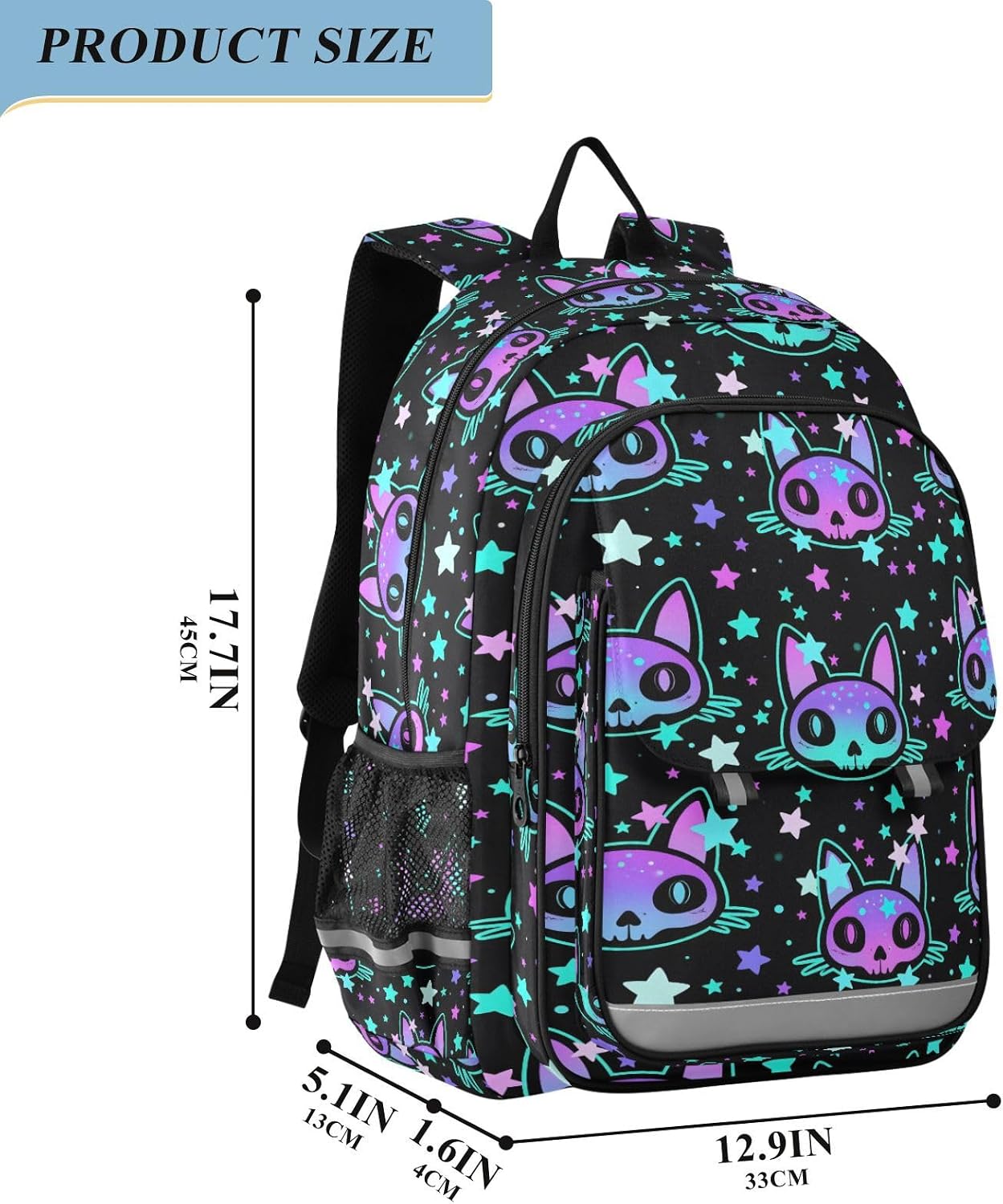 senya Backpack for Boys Girls, Cat Skull with Stars Backpack Students Bookbag Daypack for School Primary Teens
