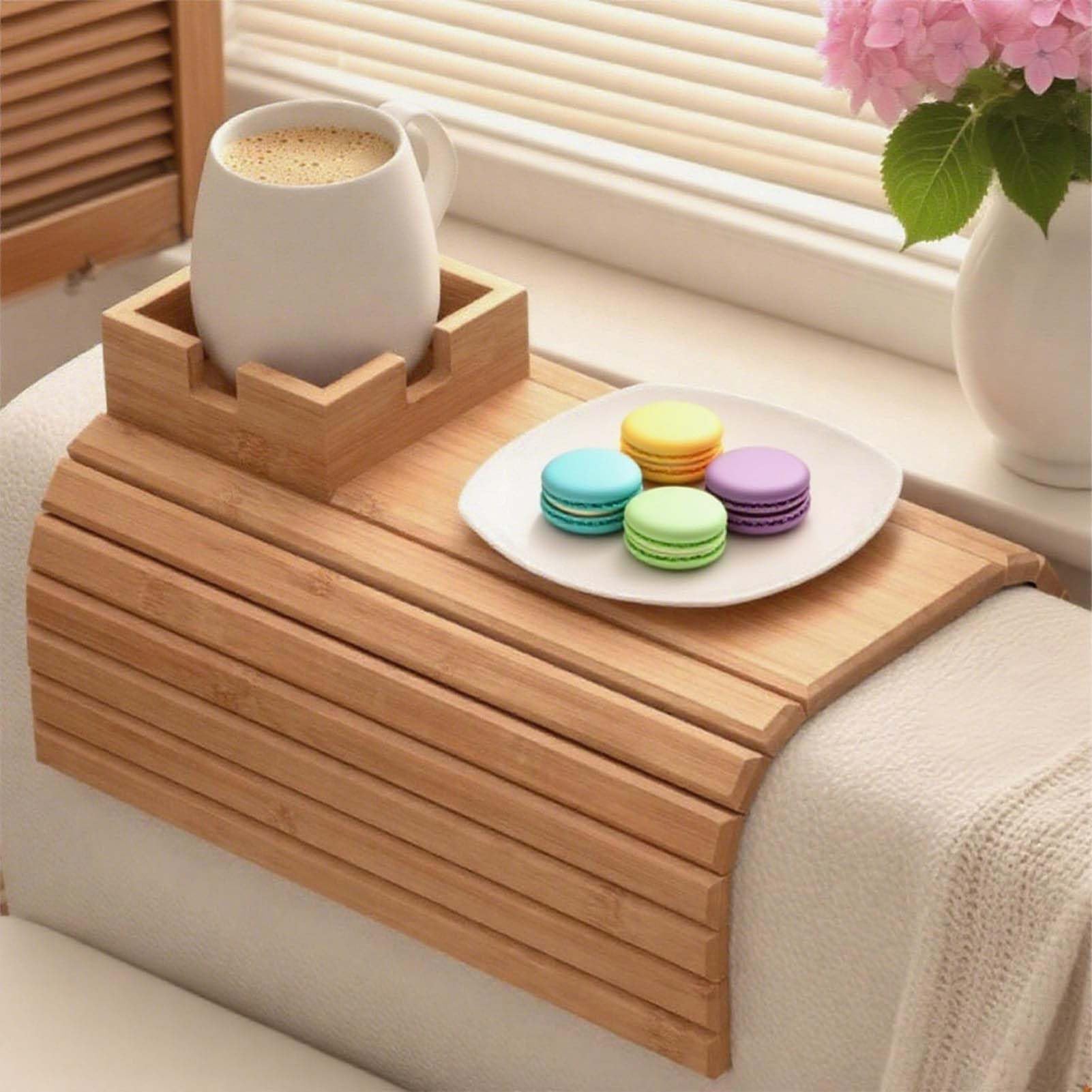 Soporte para tazas y bandeja para brazos, accesorio de sofá de madera antideslizante 2 en 1 para aperitivos, mandos a distancia, teléfono celular, perfecto compañero de sofá