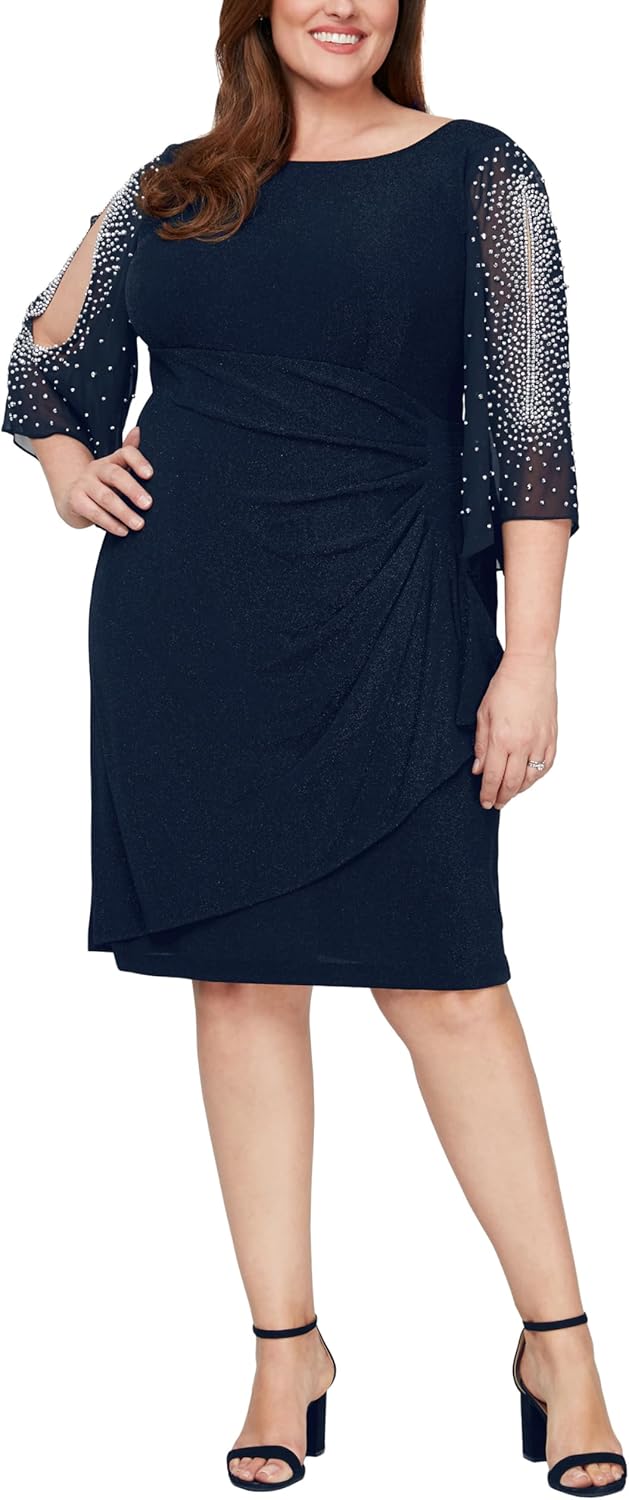 Alex Evenings Womens Plus Size Short Sheath Metallic Cocktail Dress with Embellished Sleeves and Cascade Ruffle Skirt