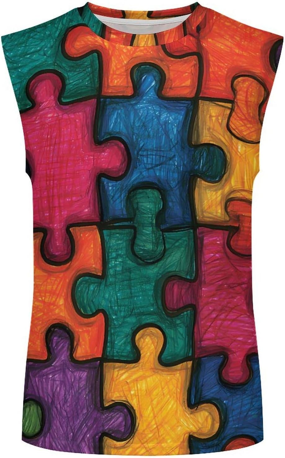 Colorful Puzzle Pieces Men Summer Sleeveless Crew Neck Top 5XL
