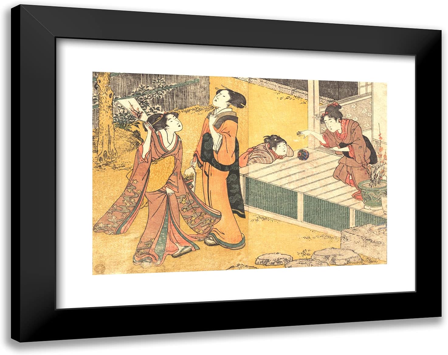 ArtDirect Utamaro, Kitagawa 24x19 Gold Ornate Framed Art Print with Double Matting Titled: New Years Games