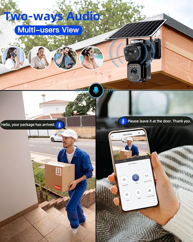BEZOMIZ 4K WiFi Biztonsági Kamera Kettős Lencse 360° PTZ Éjjellátó Napelem Emberfigyelés