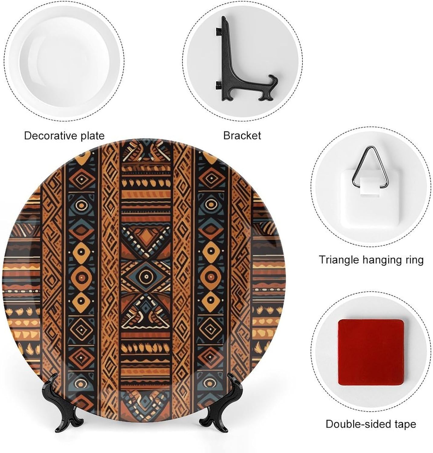 10 in Bone China Decorative Plate Set with Display Stand Porcelain Traditional African Pattern Dinner Plates for Wall Hanging Home Office Collections Ceramic Ornaments No Drill Wall Mount Kit Include image 3