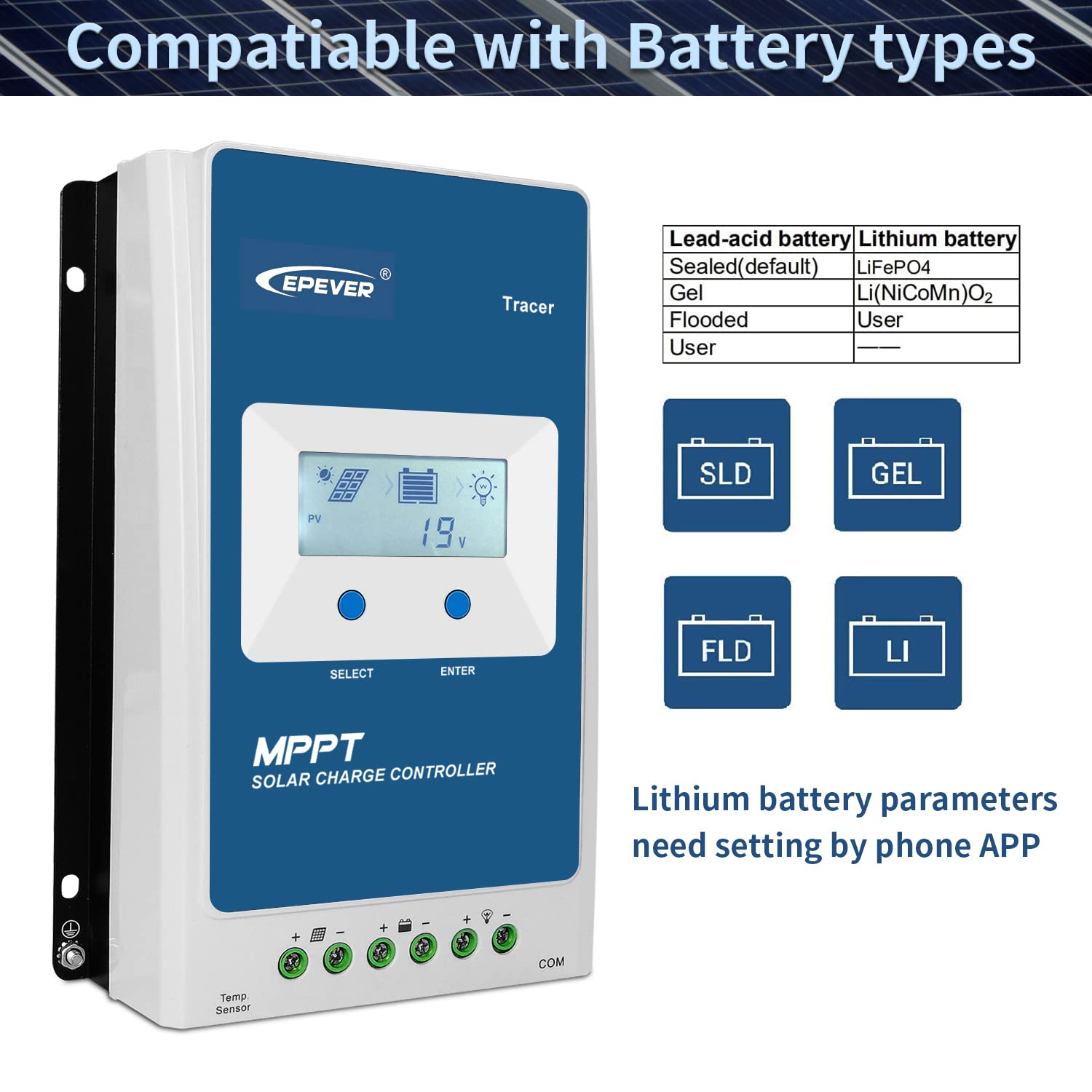 EPEVER MPPT Charge Controller 20A 12V/24V Auto Work Max. PV 100V Solar Panel Regulator Charge Controller Common Negative with LCD Display for Gel AGM Sealed Flooded Lithium Battery(Tracer2210AN)