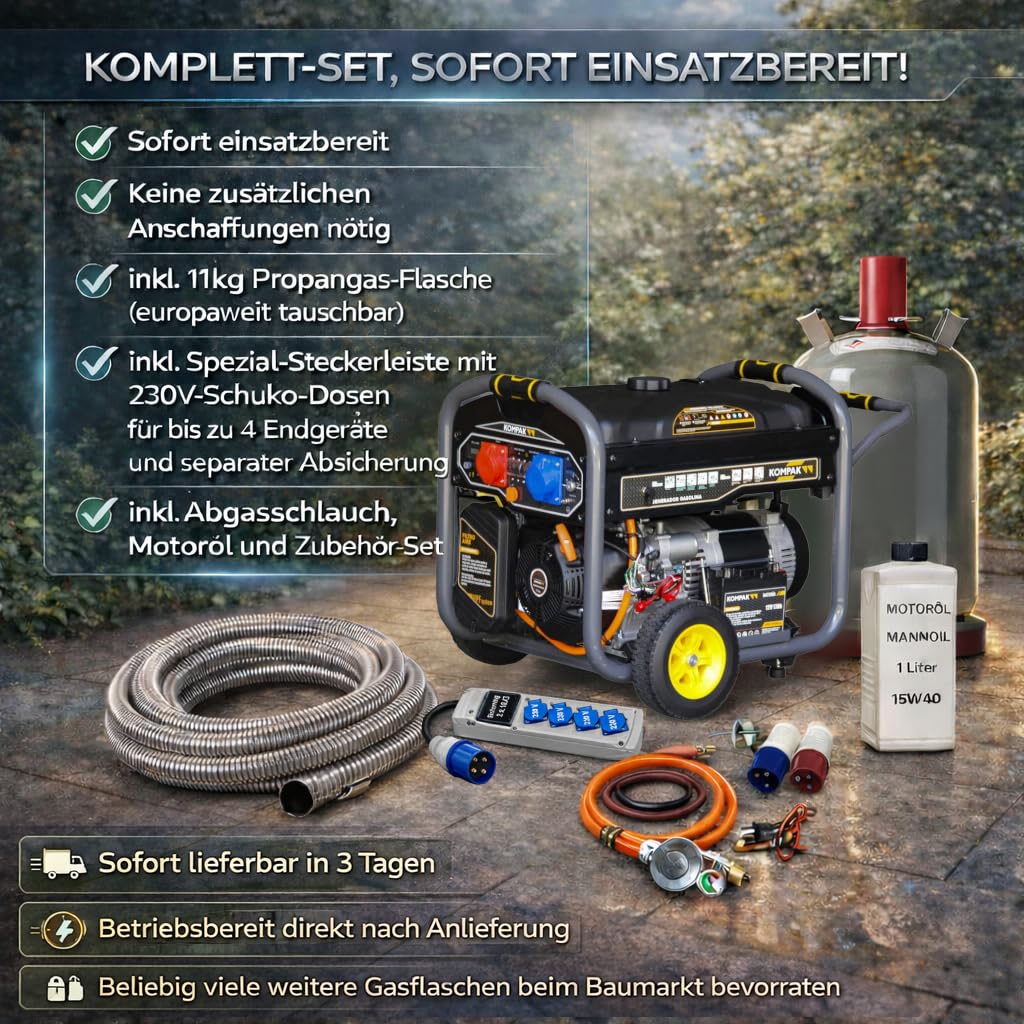 Dual Fuel Strom-Generator 10 kVA | KOMPLETT-SET – Benzin & Propangas Notstromaggregat 230/400 V – fahrbar inkl. 4er-Steckerleiste, Gasflasche & Zubehör