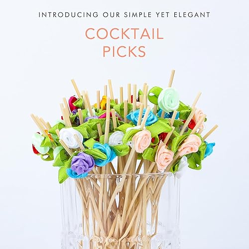 Miniatura 4 de 100 palillos de dientes de flores rojas para aperitivos de 4.7 pulgadas de largo, selecciones de cóctel de bambú, despedidas de soltera, bodas,