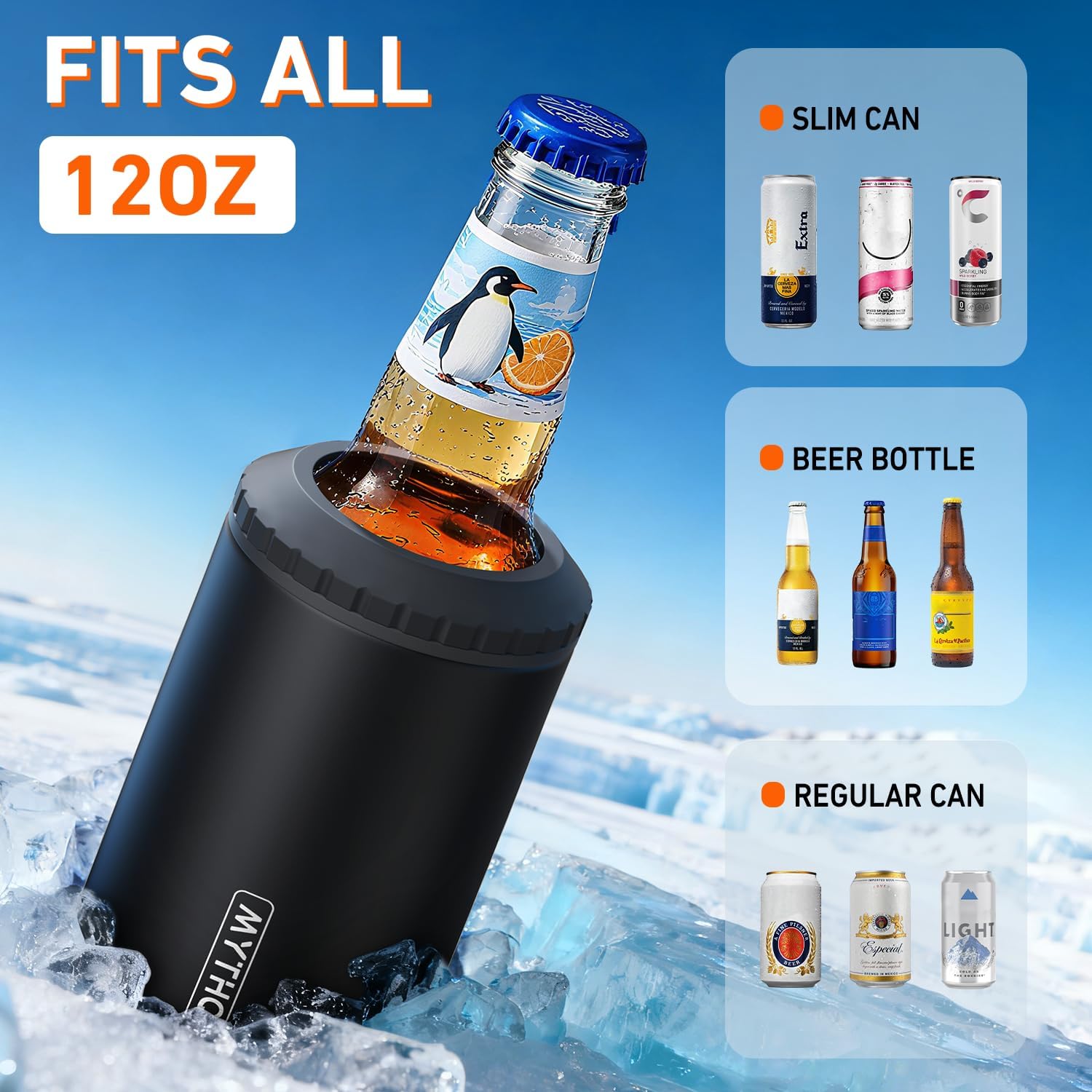 3 in 1 Slim Can Cooler for 12 OZ Skinny Can, Regular Can & Beer Bottle - Keep Cold for 6 Hours - Double Walled Insulated Stainless Steel Vacuum Beverage Can Insulator (Matte Black) - Image 2