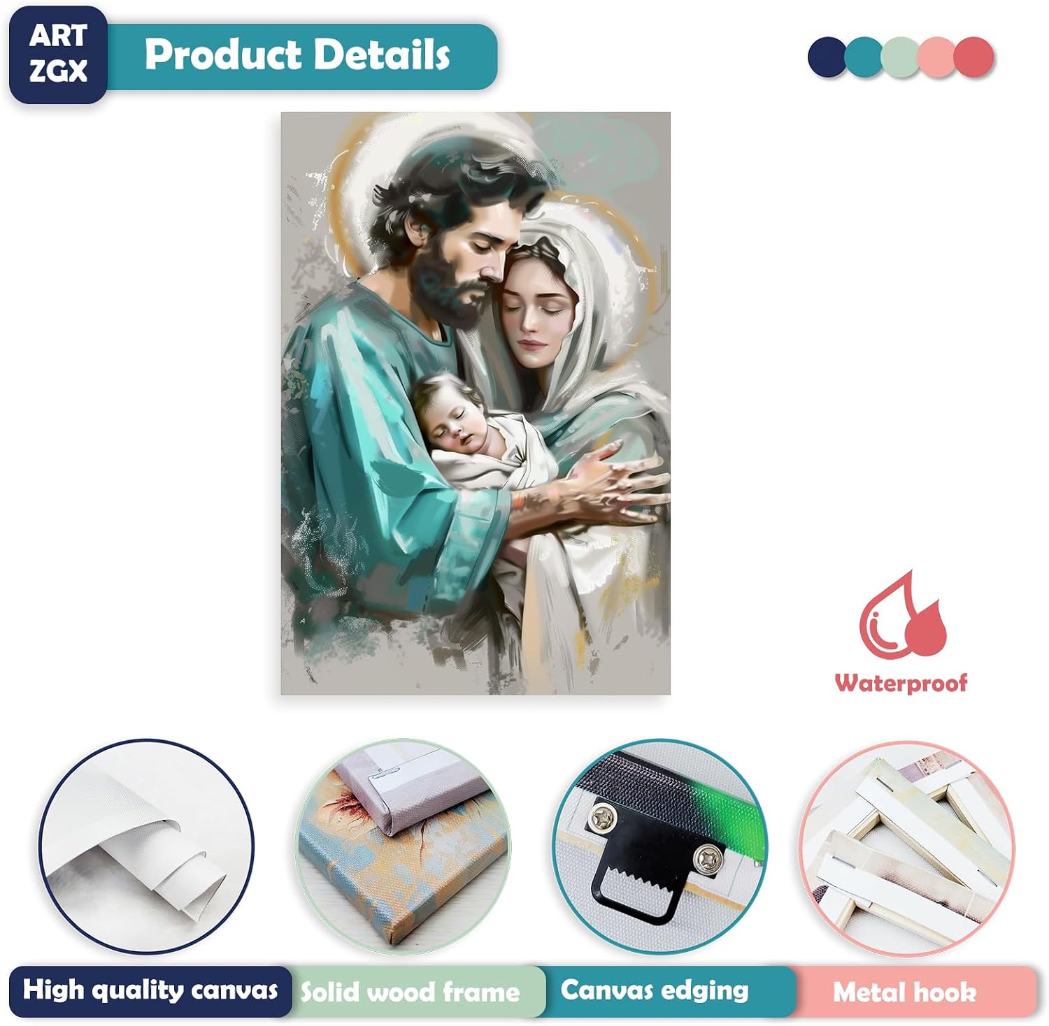 ARTZGX Jesus and Virgin Mary Canvas Wall Art Holy Family Picture Christian Painting Catholic Poster for Churches Decor Frame(Holy Family - A 12.00" x 18.00")