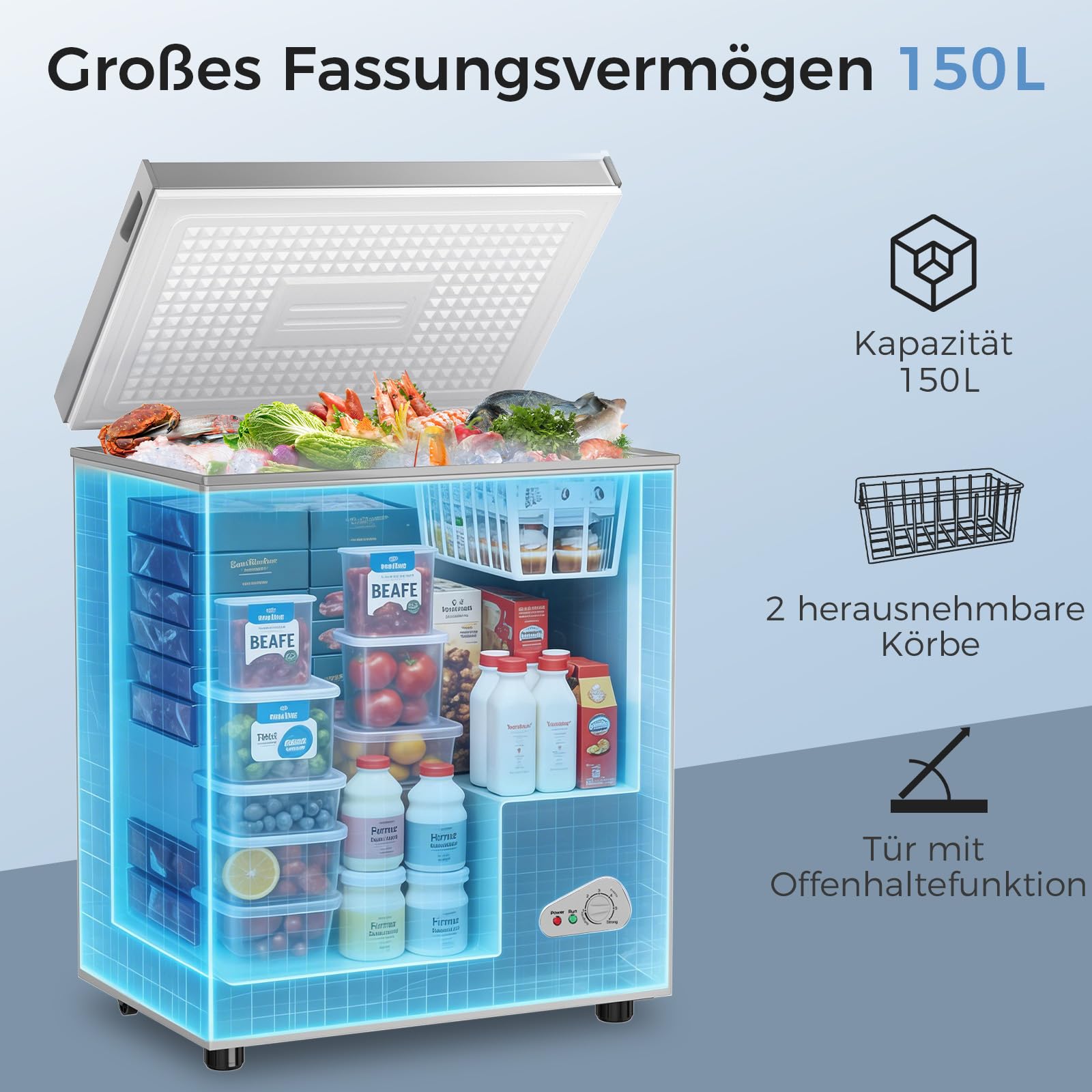 YASHE Gefriertruhe 150L, freistehende Tiefkühltruhe, Silber | 2 herausnehmbare Körbe • Einstellbare Temperatur • 45 dB leise • Ideal für Küche, Wohnung und Garage