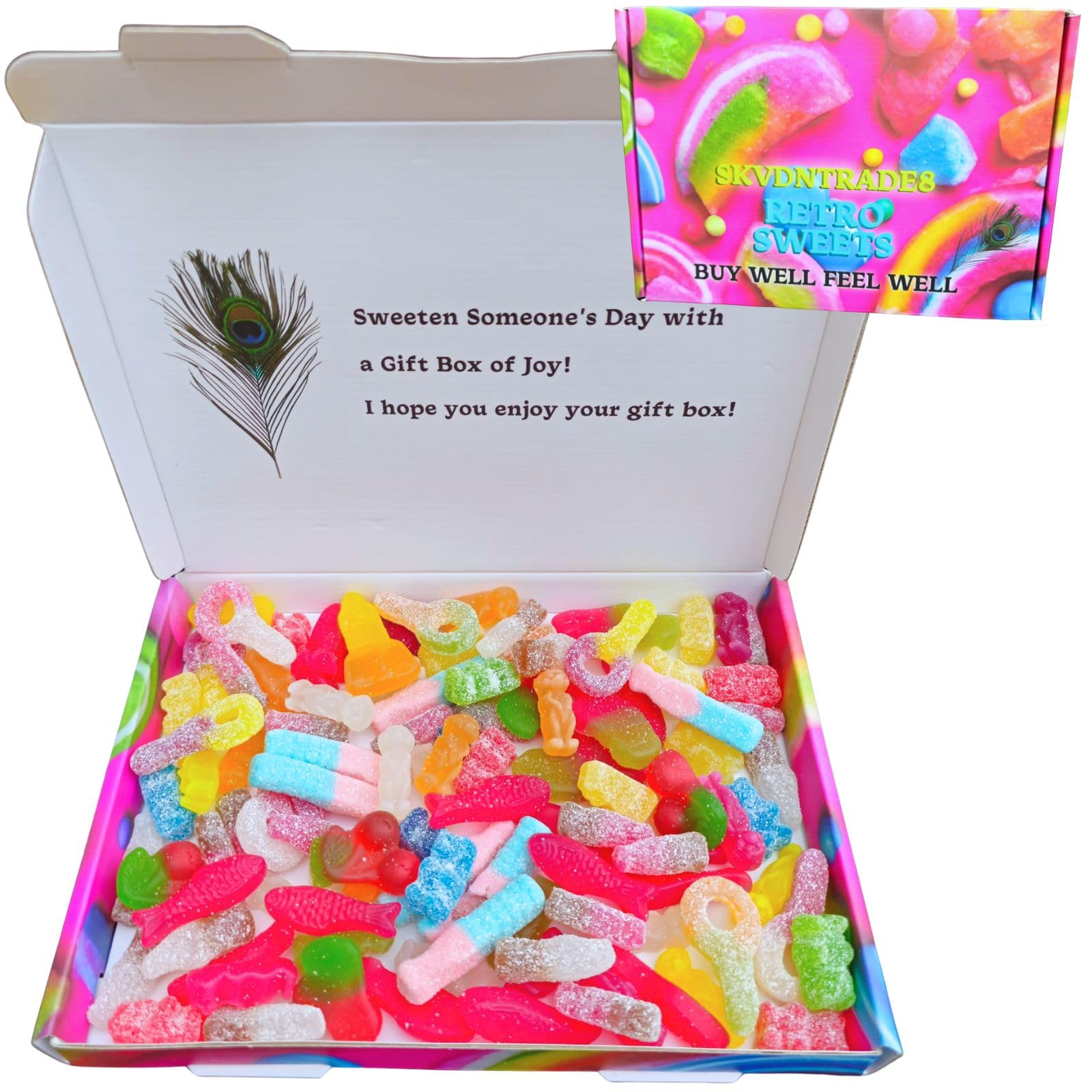 SKVDNTRADE8 Pick & Mix Sweets Gift Box - - Large Vegan Retro Candy Hamper for Birthdays, Christmas, Kids & Adults, Fizzy & Gummy Assortment" (Fizzy and Gummies)