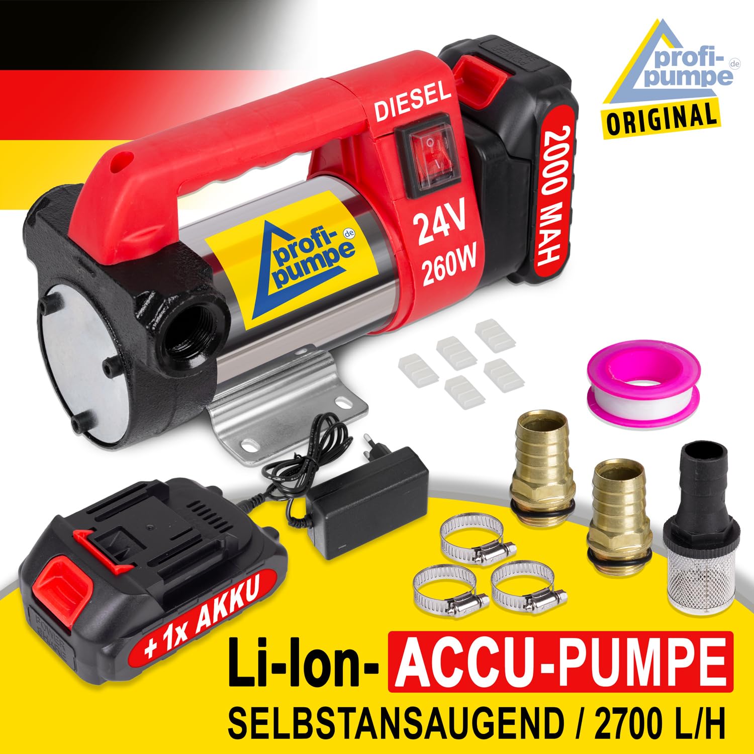 Profi-Pumpe® Diesel Star ACCU 260-4.2 | Bomba de Trasvase Inalámbrica 24V | Batería Li-Ion 2000mAh y 260W | Caudal 45 l/min | Incluye Cargador y Accesorios | Portátil y Autoaspirante